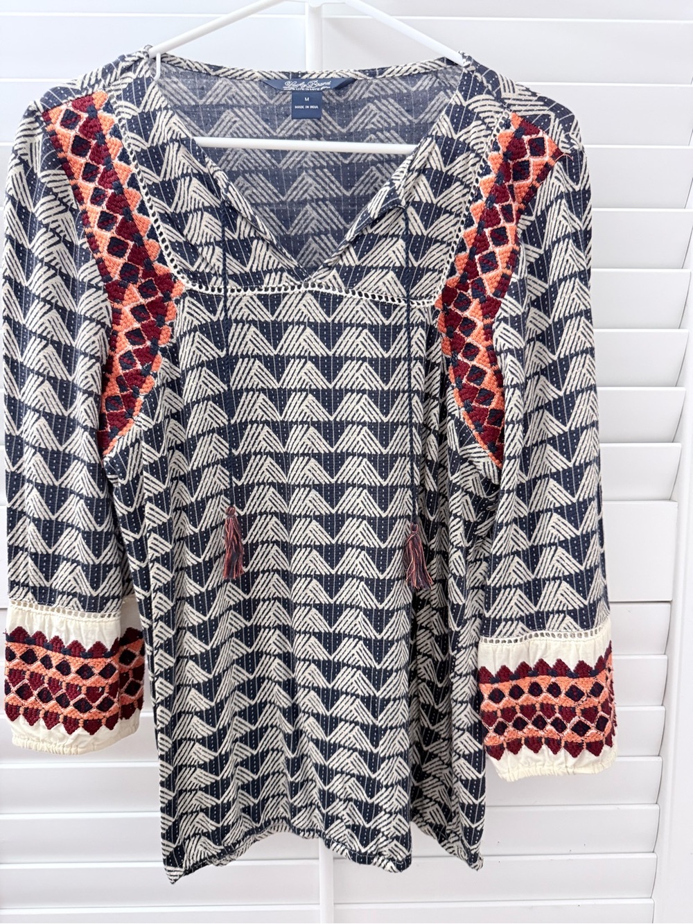 Lucky Brand Navy and Cream Boho Tunic with Red Embroidery